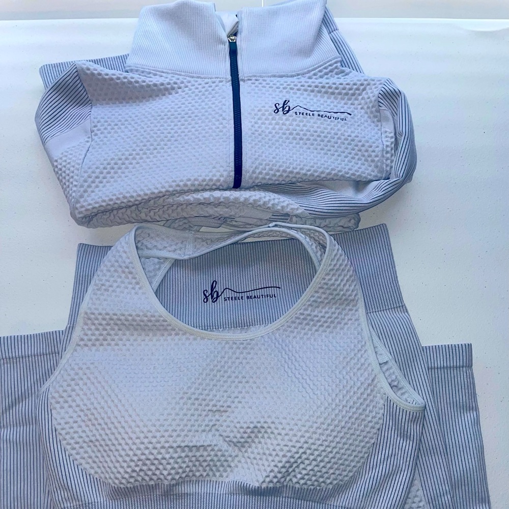 Three piece yoga workout sets. They are comfortable and fashionable. Price 75.00